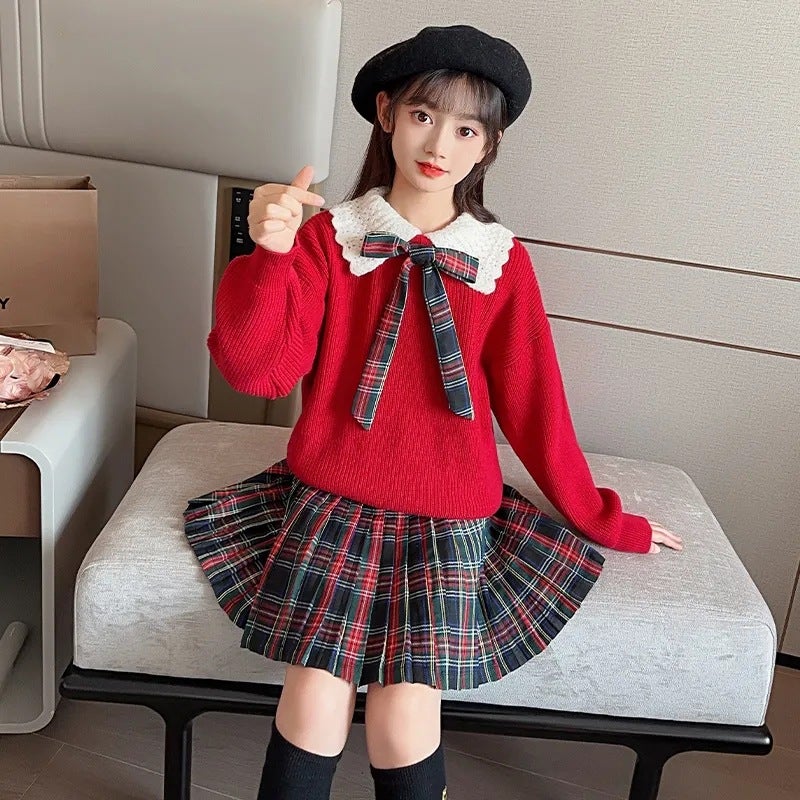 Girls Autumn and Winter New Fashion Retro Paid Skirt Sweater Two-piece Children Girls Stylish Doll Collar suit Red
