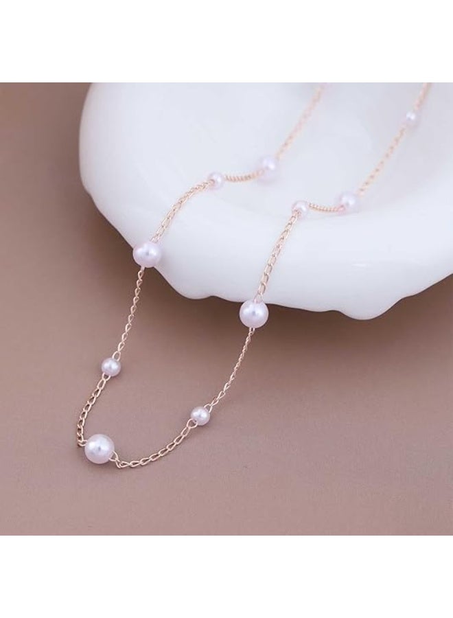 Boho Pearl Choker Necklace Gold Pearl Chain Earrings Freshwater Pearl Station Necklace Pearl Wedding Necklace Chain Jewelry for Women  - Image 2