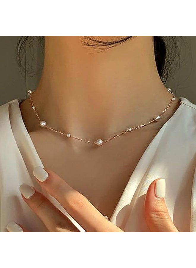 Boho Pearl Choker Necklace Gold Pearl Chain Earrings Freshwater Pearl Station Necklace Pearl Wedding Necklace Chain Jewelry for Women  - Image 1