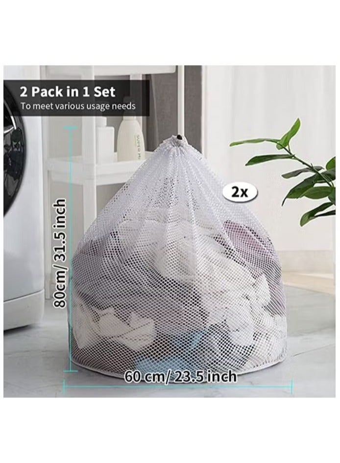 أكياس غسيل شبكية كبيرة للغسيل للملابس الرقيقة، عبوتان، 60 × 80 سم مع رباط، كيس غسيل شبكي خشن لغسالة الملابس، أبيض - Image 2