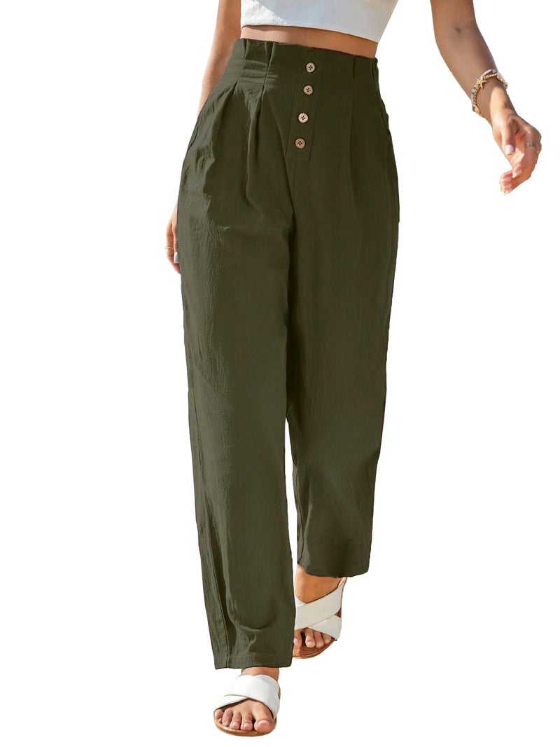 TOPLOT Women High-Waist Pants || Trousers for Woman || Relaxed Fit Pant (Pleated-Pant-5194-Olive-30) - Image 5