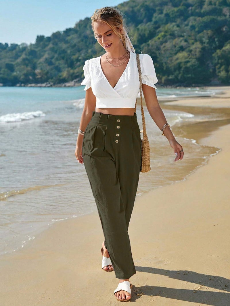 TOPLOT Women High-Waist Pants || Trousers for Woman || Relaxed Fit Pant (Pleated-Pant-5194-Olive-30) - Image 3