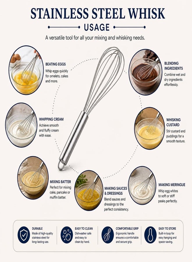 BAKERS PARDISE Bakers Paradise Whisker for Kitchen Stainless Steel Hand Blender for Egg Beating, Cake Making, Whisking, Mixing Batter, Coffee & Lassi | Mixer Hand Blender for Multiple Purpose-(8 Inch) - Image 3