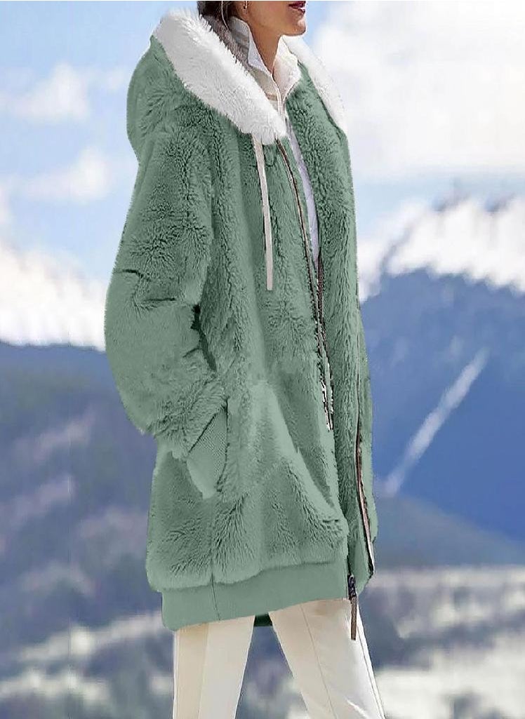 Eckek - Womens Fashion Soild Winter Loose Plush Long Sleeve Zipper Pocket Hooded Coat - Image 1