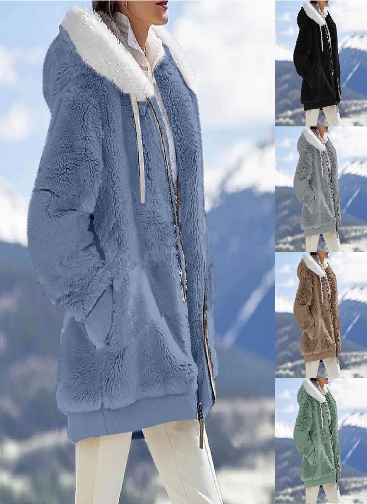 Eckek - Womens Fashion Soild Winter Loose Plush Long Sleeve Zipper Pocket Hooded Coat - Image 1