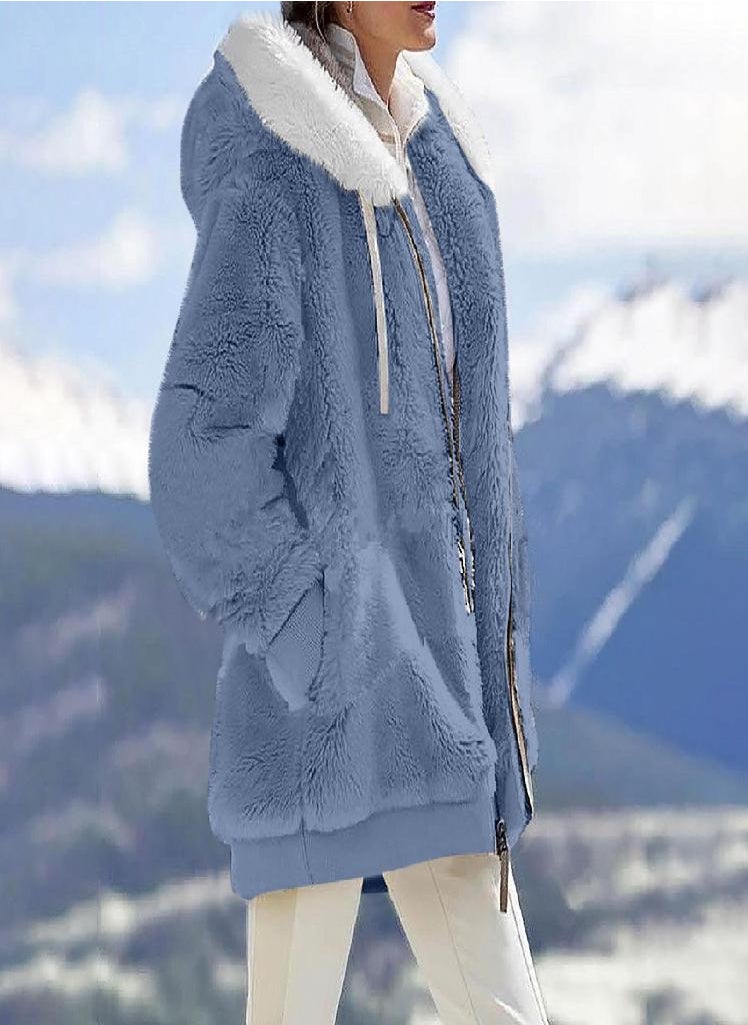 Eckek - Womens Fashion Soild Winter Loose Plush Long Sleeve Zipper Pocket Hooded Coat - Image 1