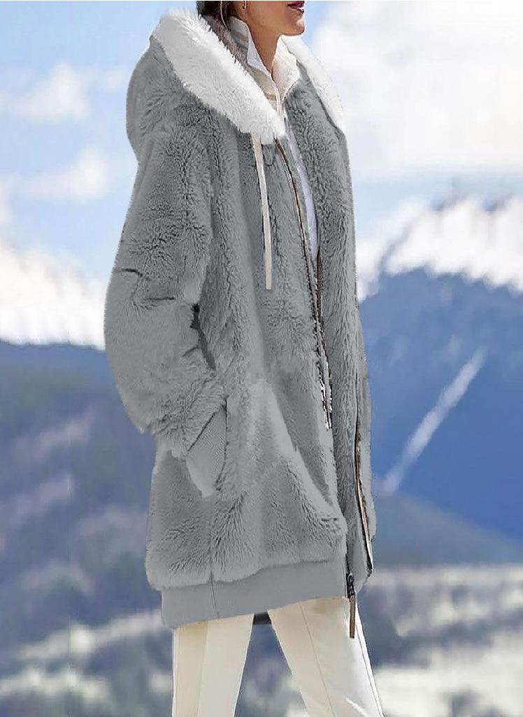 Eckek - Womens Fashion Soild Winter Loose Plush Long Sleeve Zipper Pocket Hooded Coat - Image 1