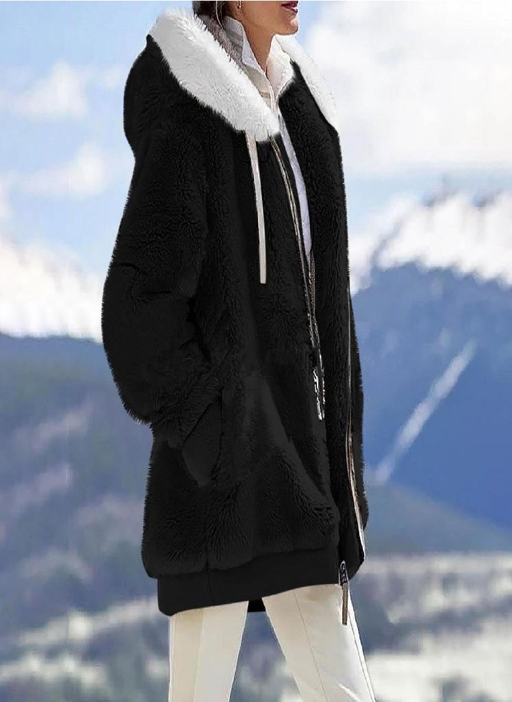 Eckek - Womens Fashion Soild Winter Loose Plush Long Sleeve Zipper Pocket Hooded Coat - Image 1