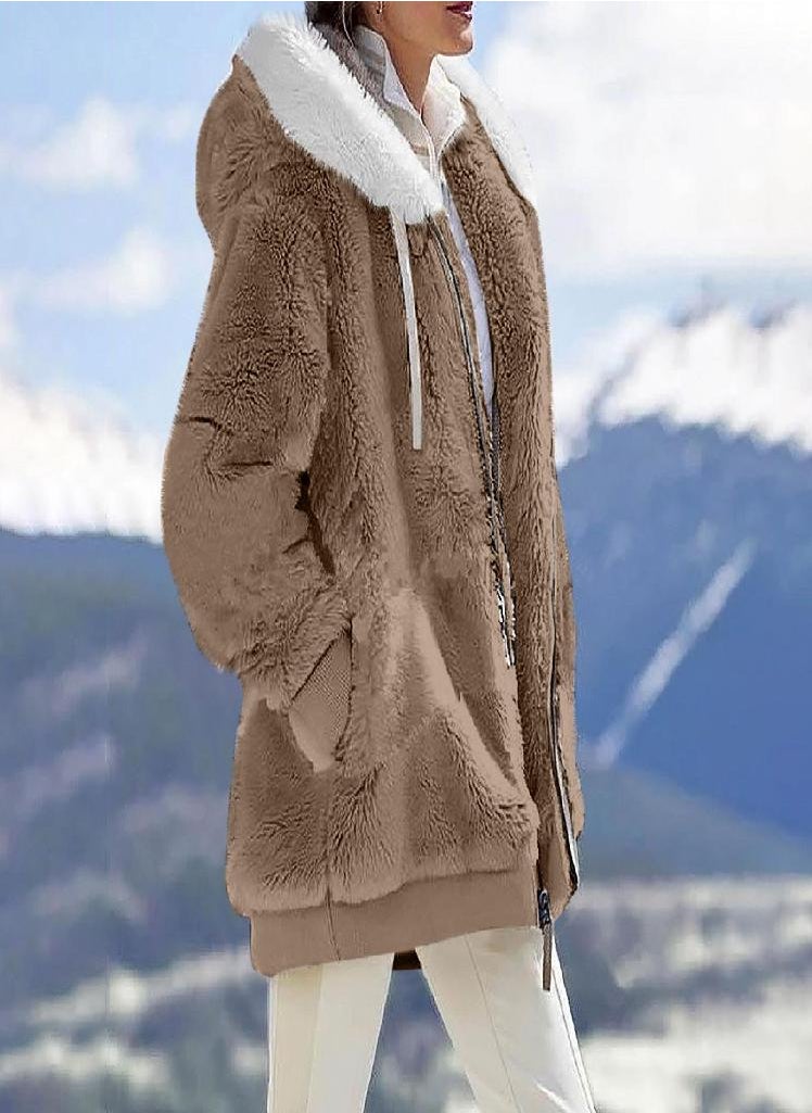 Eckek - Womens Fashion Soild Winter Loose Plush Long Sleeve Zipper Pocket Hooded Coat - Image 1