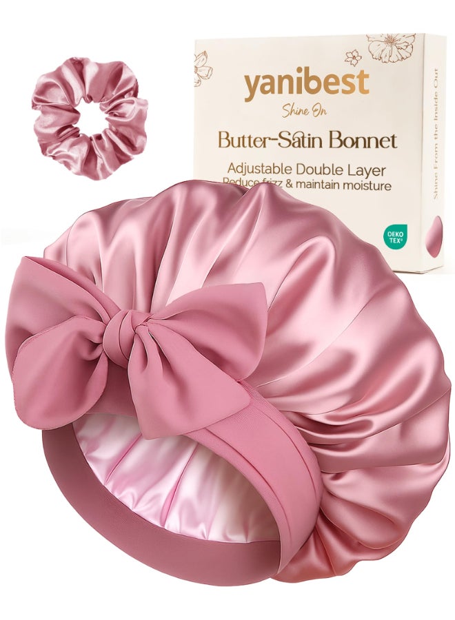YANIBEST Adjustable Double Layer Satin Bonnet Silk Hair Bonnet for Sleeping with Elastic Tie Curly Natural Hair Reduce frizz Beanpaste Pink - Image 2