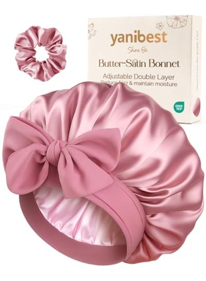 YANIBEST Adjustable Double Layer Satin Bonnet Silk Hair Bonnet for Sleeping with Elastic Tie Curly Natural Hair Reduce frizz Beanpaste Pink - Image 1