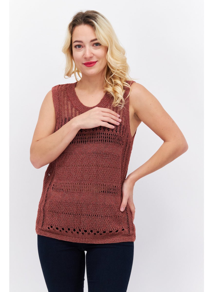 ESPRIT Women Round Neck Sleeveless Knitted Top, Maroon  - Image 1