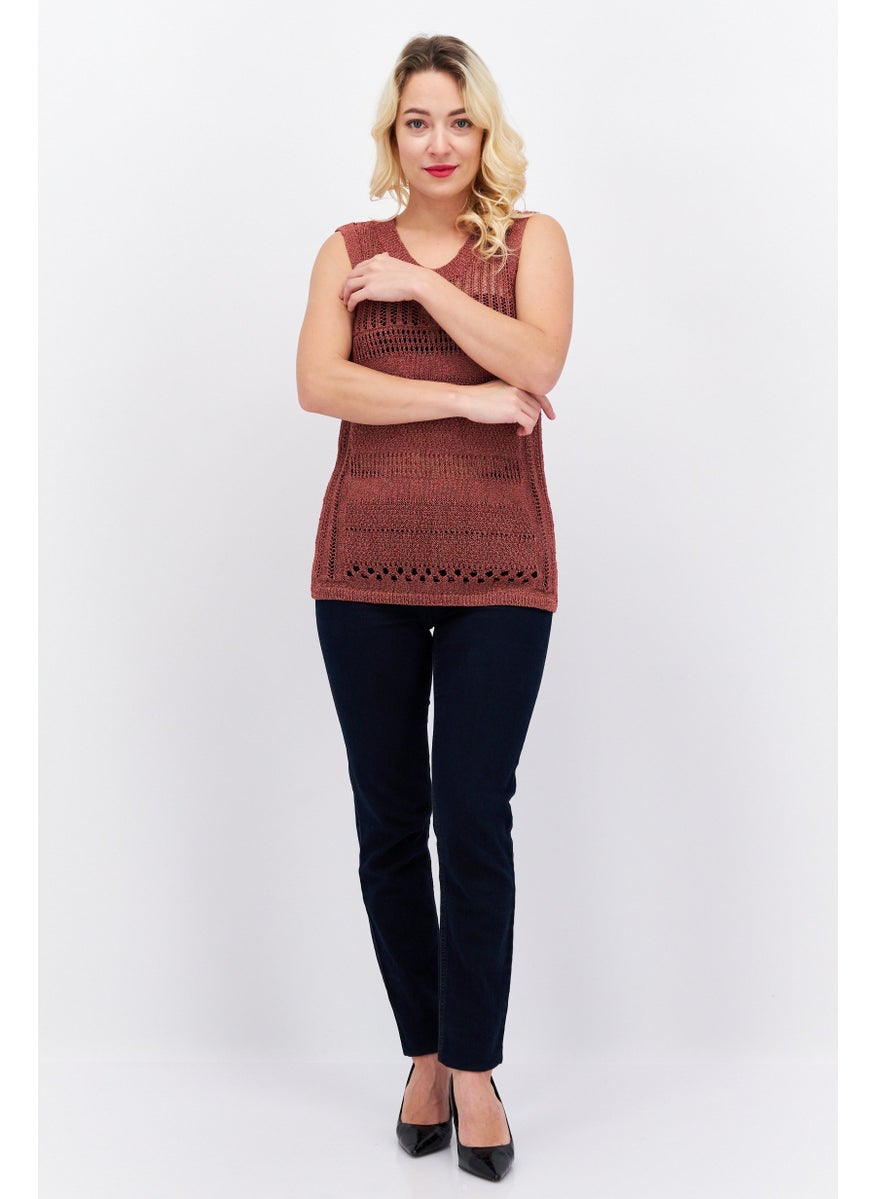 ESPRIT Women Round Neck Sleeveless Knitted Top, Maroon  - Image 3