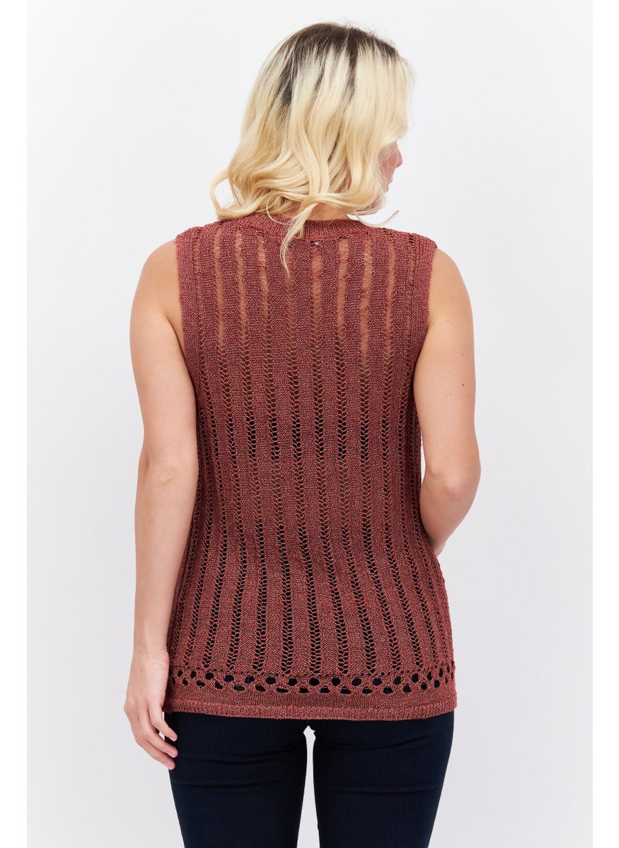 ESPRIT Women Round Neck Sleeveless Knitted Top, Maroon  - Image 2
