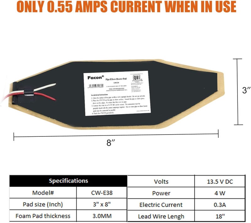 FACON 3" x 8" RV Elbow Pipe Heater Pad, Work for 1-1/2" Elbow Pipe, 3Packs 12V Tank Heater Pad, for RV, Camper, Travel Trailer and Motorhome, DC 12Volts-13.5Volts - Image 3