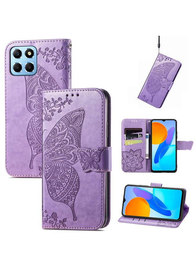 اس-توب جراب هاتف Honor X8 5G من الجلد المنقوش بنقشة زهور الحب على شكل فراشة - Image 1