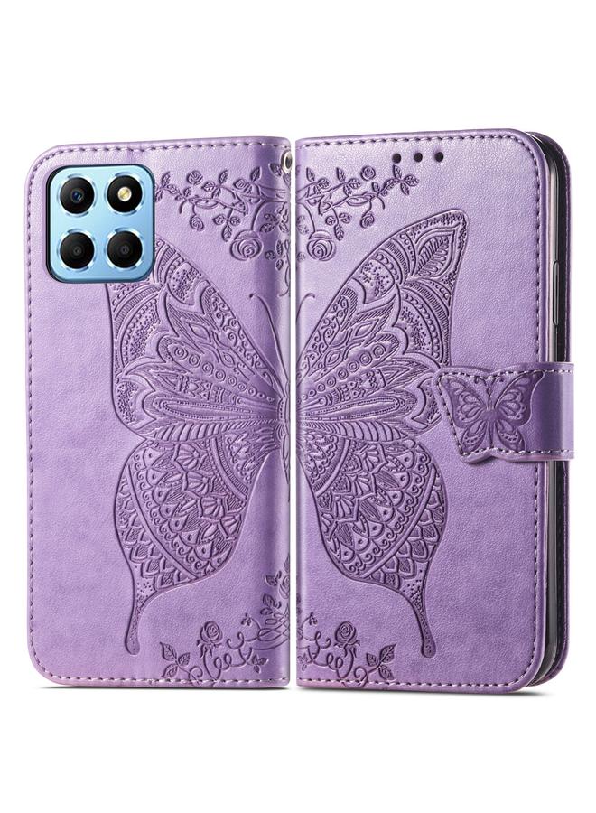 اس-توب جراب هاتف Honor X8 5G من الجلد المنقوش بنقشة زهور الحب على شكل فراشة - Image 2