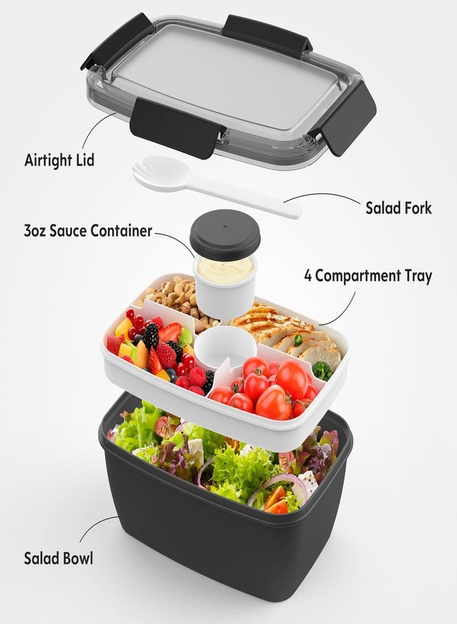 Cherrysea 2Pack Salad Lunch Container, 68oz Salad Bowls with 4 Compartments Tray,Leak Proof Lunch Box with Fork for Men,Women BPA-Free Snack Container with Sauce Container for Dressings - Black - Image 2