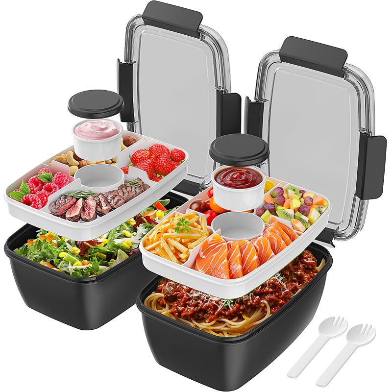Cherrysea 2Pack Salad Lunch Container, 68oz Salad Bowls with 4 Compartments Tray,Leak Proof Lunch Box with Fork for Men,Women BPA-Free Snack Container with Sauce Container for Dressings - Black - Image 1