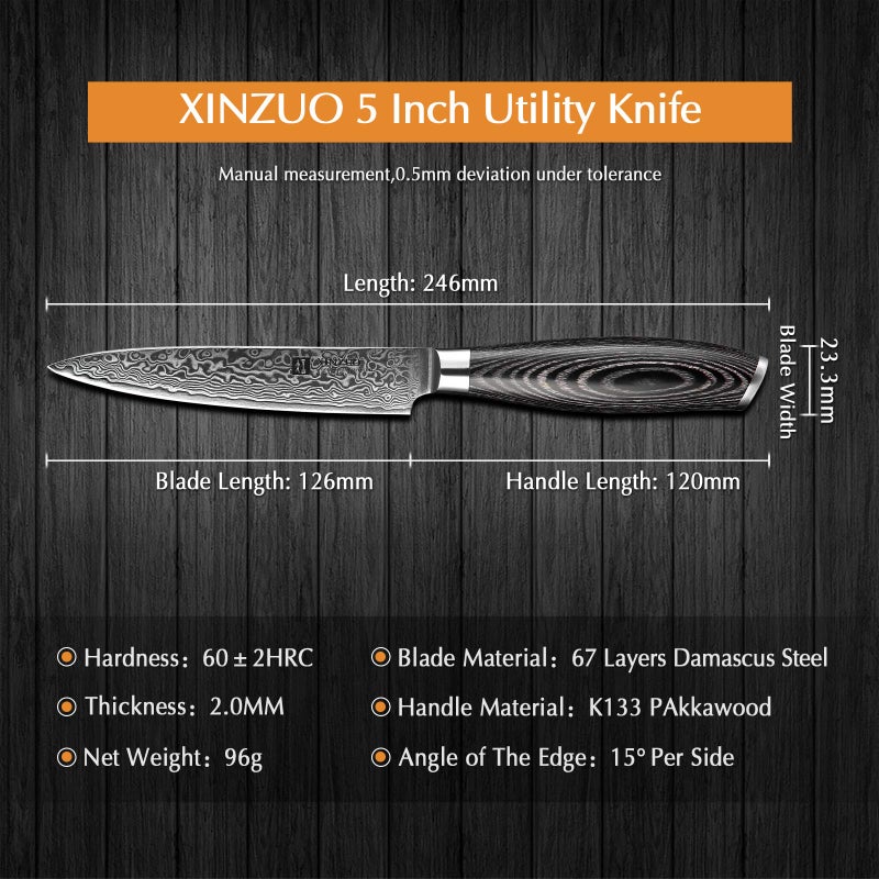 XINZUO سكين تقشير XINZUO بطول 5 بوصات، 67 طبقة من الفولاذ الدمشقي، سكين شيف صغيرة للفواكه/الخضار/اللحوم - للطبخ الاحترافي والمنزلي، علبة هدايا - Image 3