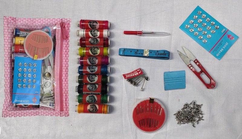KEPY THE MALL SDKit No3 with 139 Total Pcs in Zipper Pouch with 24 Needle Compact Seam Ripper Cutter Chowk 10 Reels 10 Sefty Pin Measuring Tape 20 Press Button 70 Dress Hooks for Home Travel Use  - Image 1