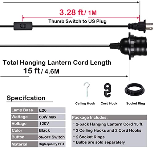 HESSION 2-Pack 15 Feet Plug in Pendant Light, Black Extension Hanging Lantern Cord Cable with in-Line On/Off Switch, E26 E27 Socket - Image 2