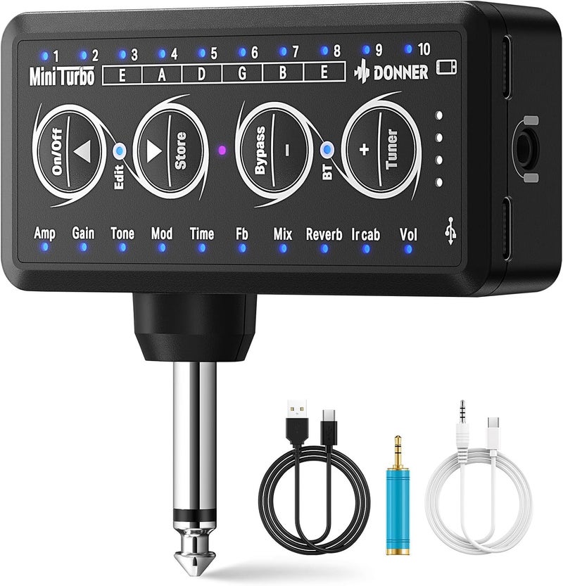 Donner Mini Turbo Guitar Headphone Amp with 10 Amp Models, Tuner, and USB Rechargeable Multi-Effects - Image 1