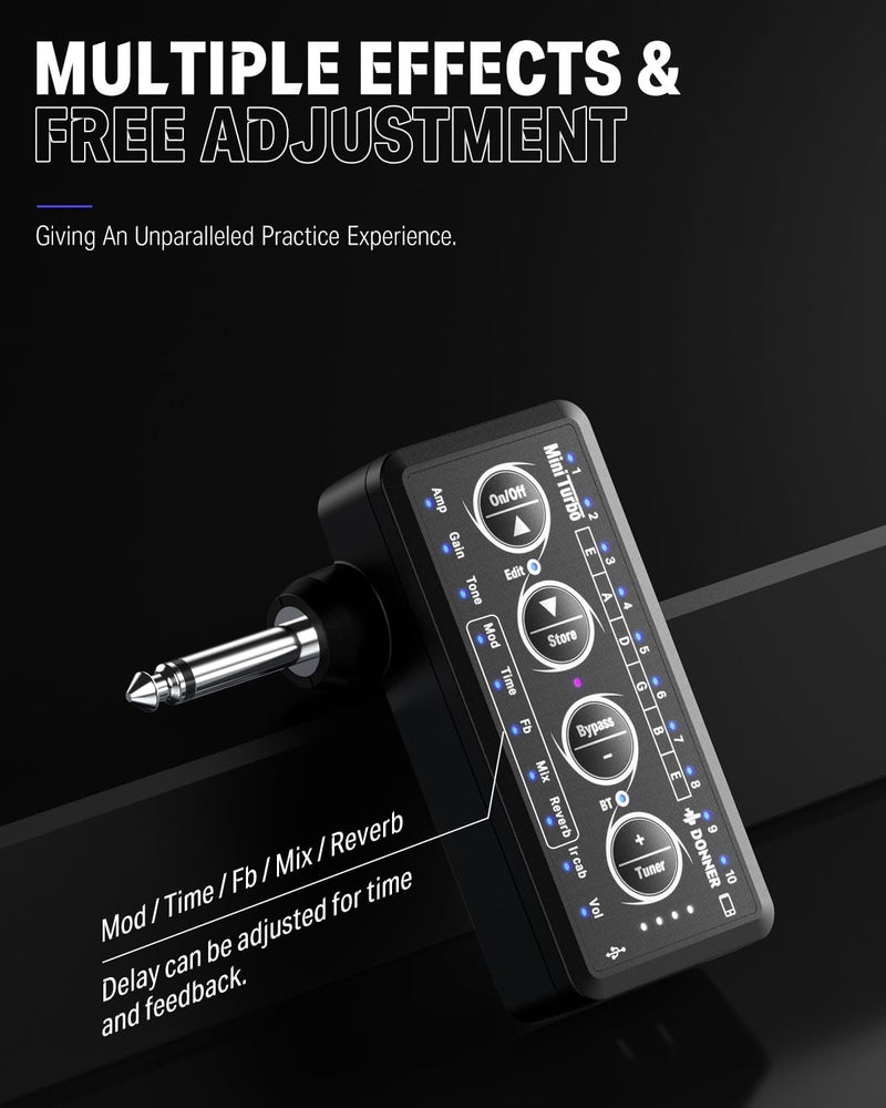 Donner Mini Turbo Guitar Headphone Amp with 10 Amp Models, Tuner, and USB Rechargeable Multi-Effects - Image 3