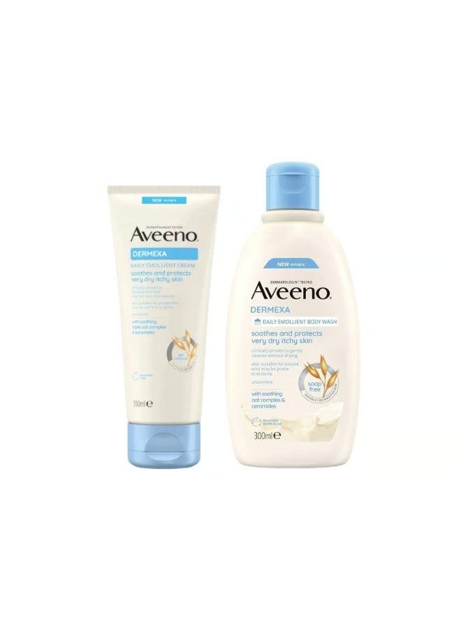 Aveeno Dermexa Soothing Emollient Cream 200ml + Emollient Body Wash 300ml - Image 1