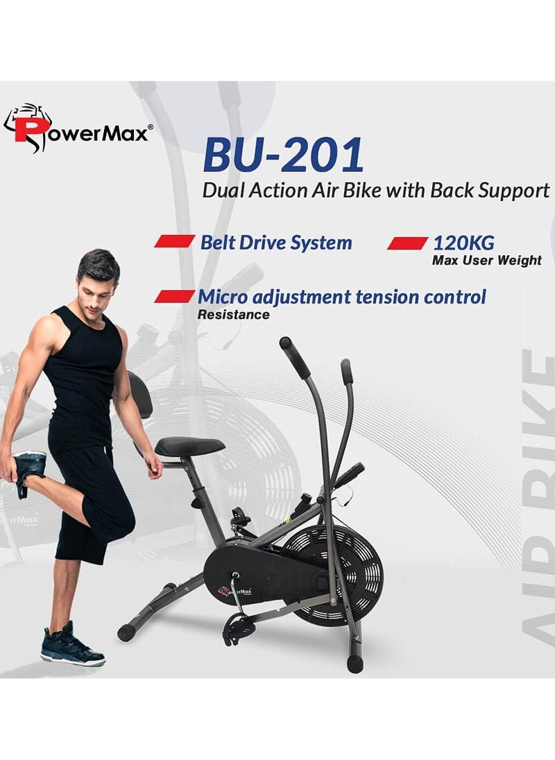 PowerMax Fitness - Fitness® Bu-201 Dual Action Air Bike/Exercise Bike For Home |Gym Cycle For Workout With Adjustable Cushioned Seat | Non-Slip Pedals | Fixed Handles Black Gym Bike - Image 1