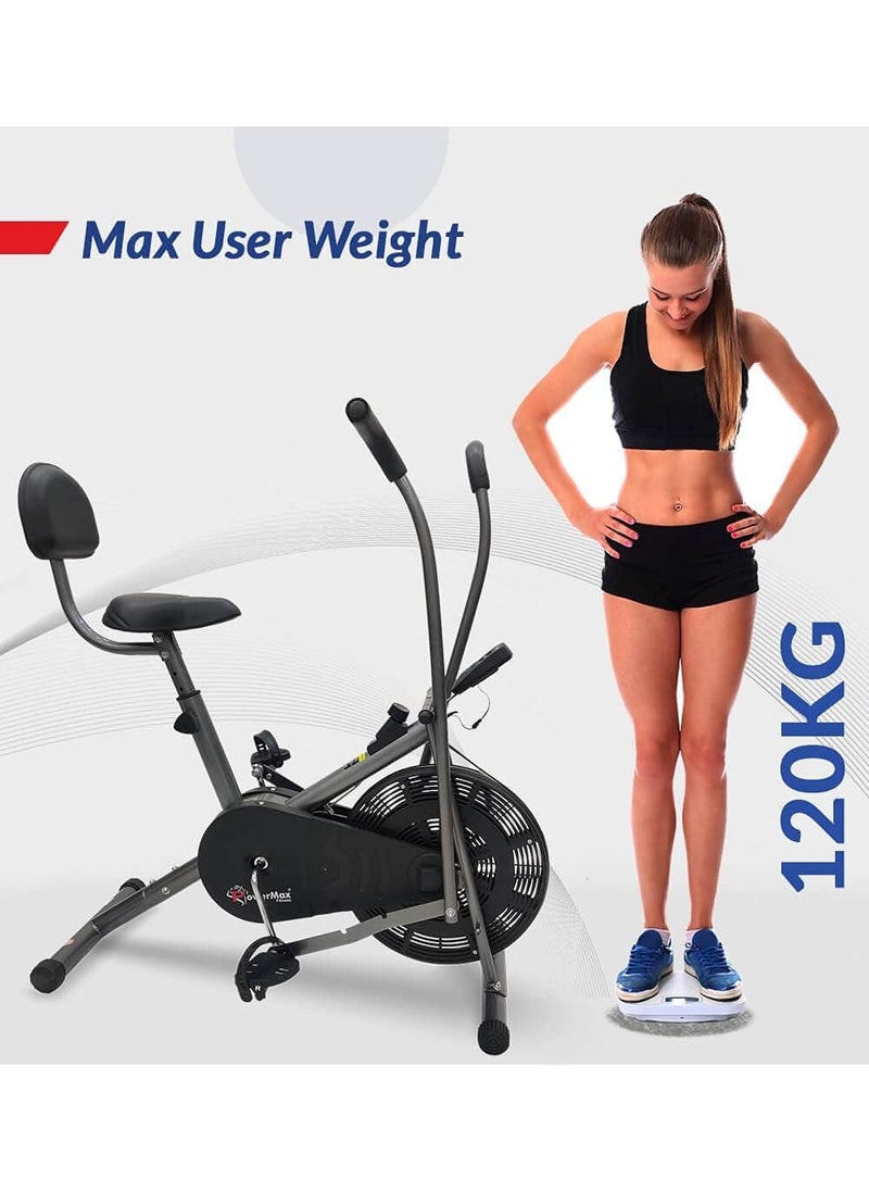 PowerMax Fitness - Fitness® Bu-201 Dual Action Air Bike/Exercise Bike For Home |Gym Cycle For Workout With Adjustable Cushioned Seat | Non-Slip Pedals | Fixed Handles Black Gym Bike - Image 1