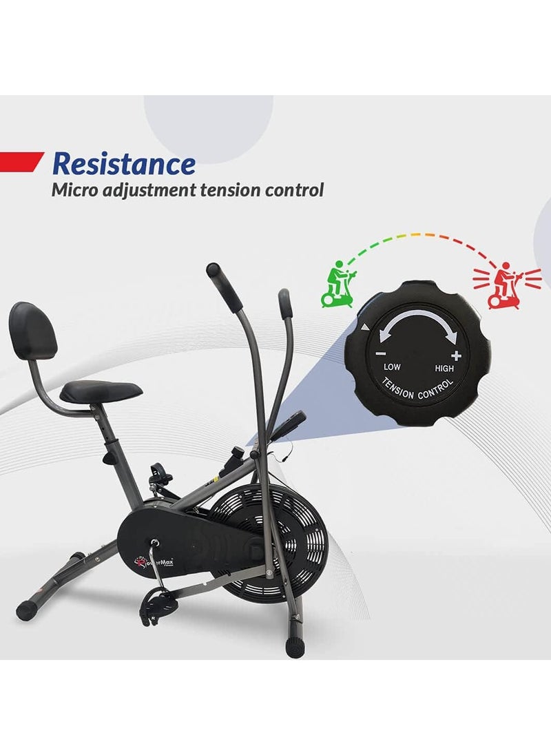 PowerMax Fitness - Fitness® Bu-201 Dual Action Air Bike/Exercise Bike For Home |Gym Cycle For Workout With Adjustable Cushioned Seat | Non-Slip Pedals | Fixed Handles Black Gym Bike - Image 1