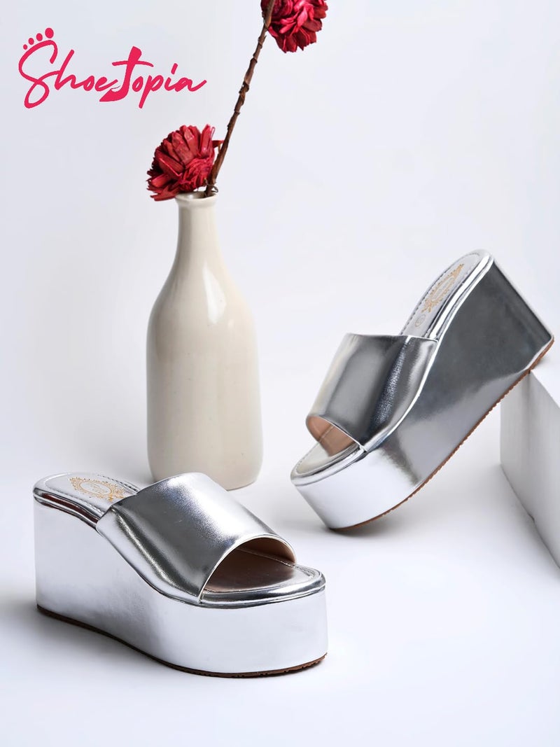 Shoetopia Women’s Stylish Silver Platform Wedge Heels – Slip-On Comfortable Casual Party Comfortable FootWear Sandals EU38 - Image 3