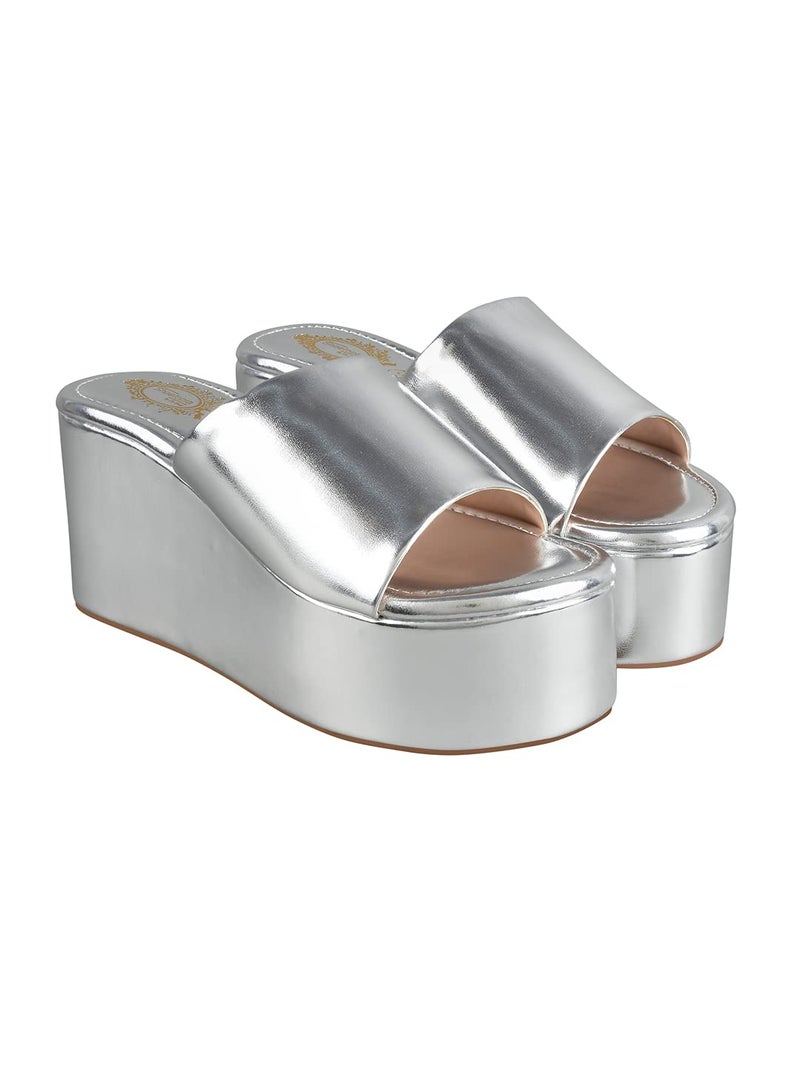 Shoetopia Women’s Stylish Silver Platform Wedge Heels – Slip-On Comfortable Casual Party Comfortable FootWear Sandals EU38 - Image 1