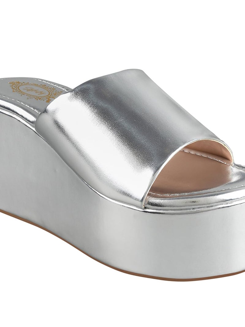 Shoetopia Women’s Stylish Silver Platform Wedge Heels – Slip-On Comfortable Casual Party Comfortable FootWear Sandals EU38 - Image 4