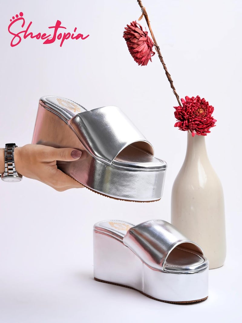 Shoetopia Women’s Stylish Silver Platform Wedge Heels – Slip-On Comfortable Casual Party Comfortable FootWear Sandals EU38 - Image 2