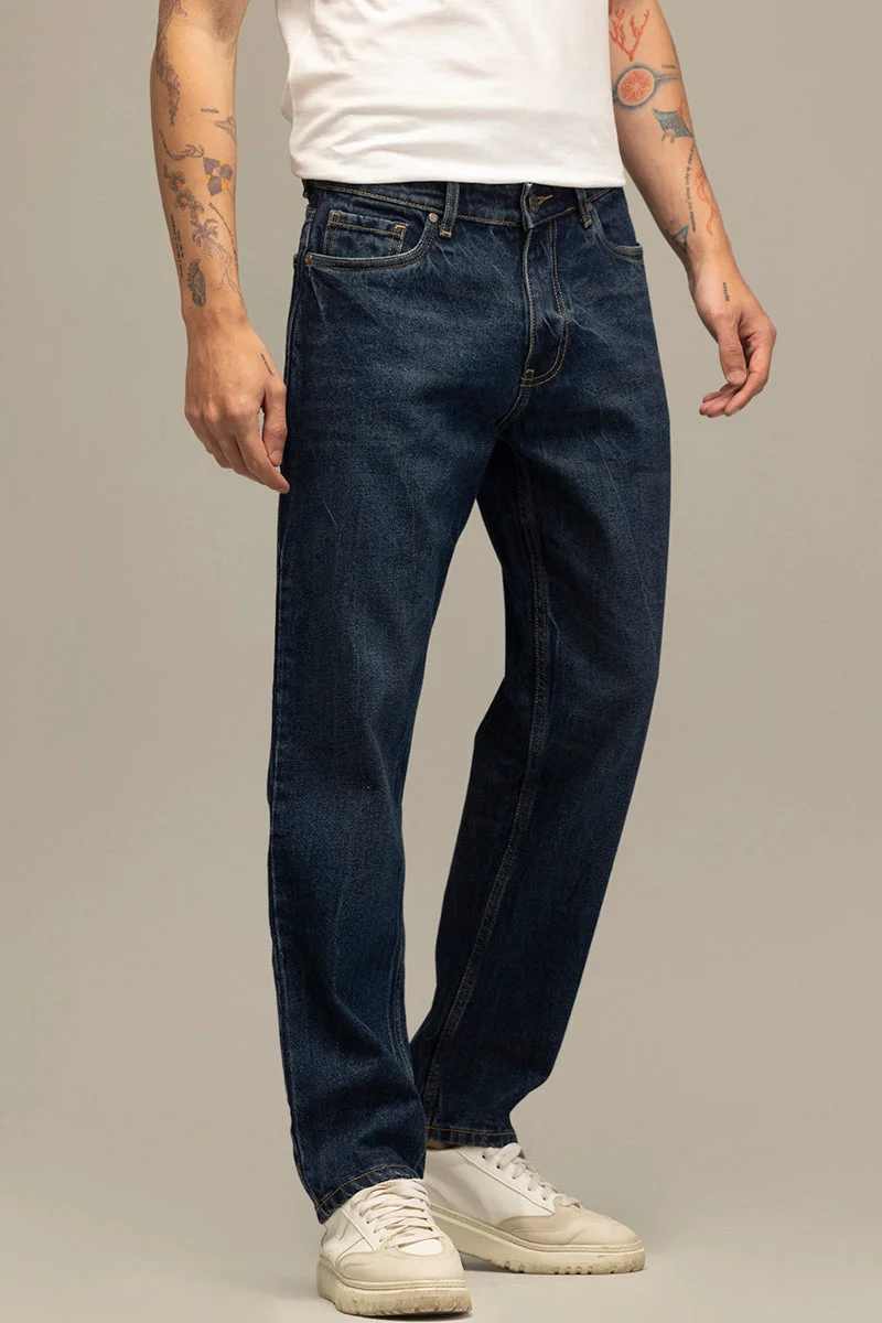 SNITCH Deep Midnight Navy Blue Solid Relaxed Casual Jeans