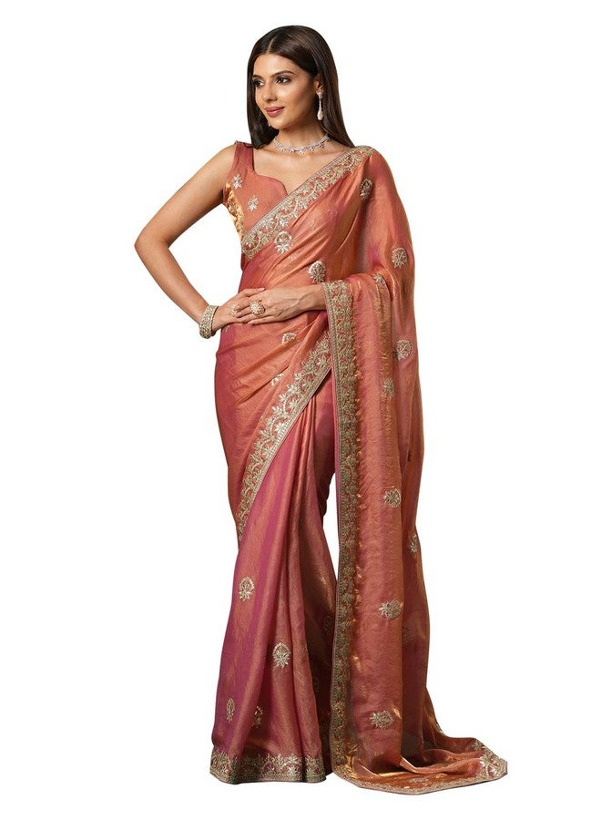 saree mall ساري مول ساري حرير ساتان مشغول باللون الخوخي مع بلوزة غير مخيطة (KRIYNS4004_KH) - Image 1