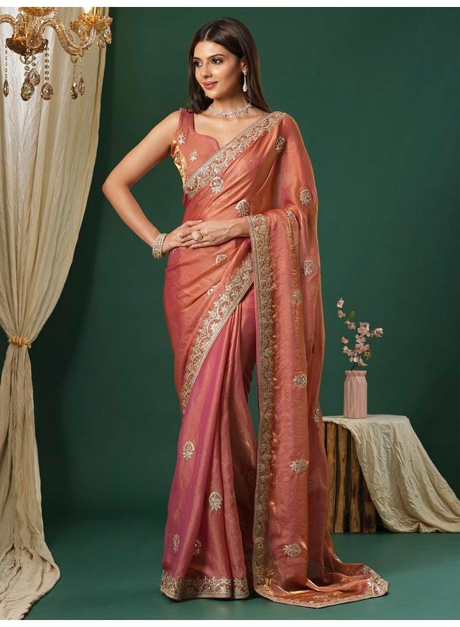 saree mall ساري مول ساري حرير ساتان مشغول باللون الخوخي مع بلوزة غير مخيطة (KRIYNS4004_KH) - Image 4