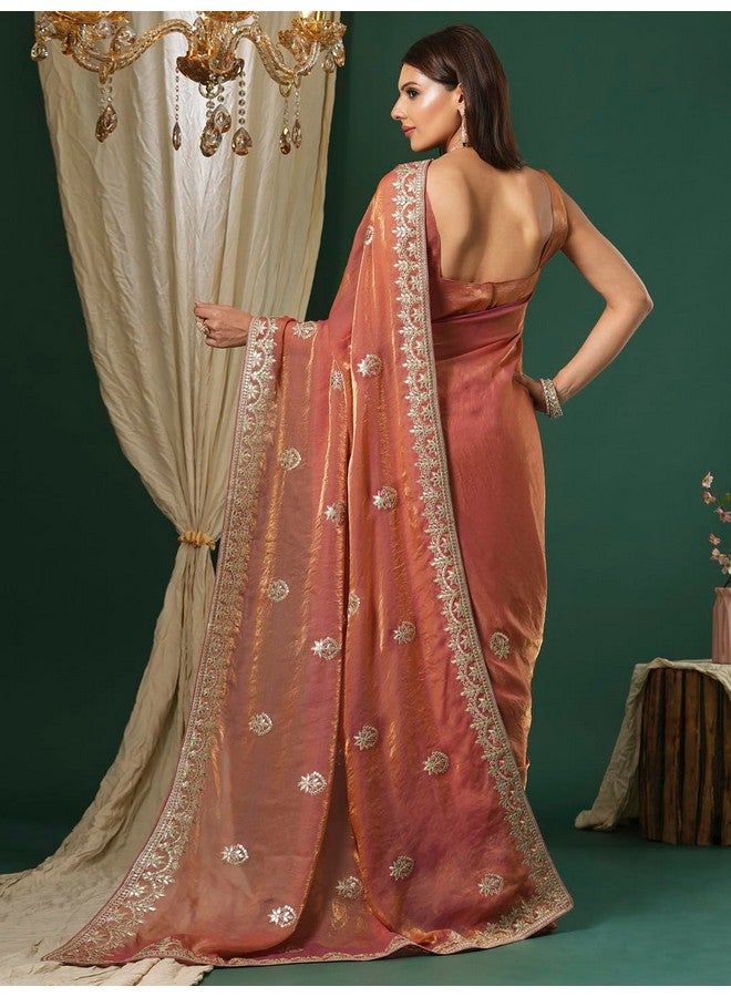 saree mall ساري مول ساري حرير ساتان مشغول باللون الخوخي مع بلوزة غير مخيطة (KRIYNS4004_KH) - Image 2