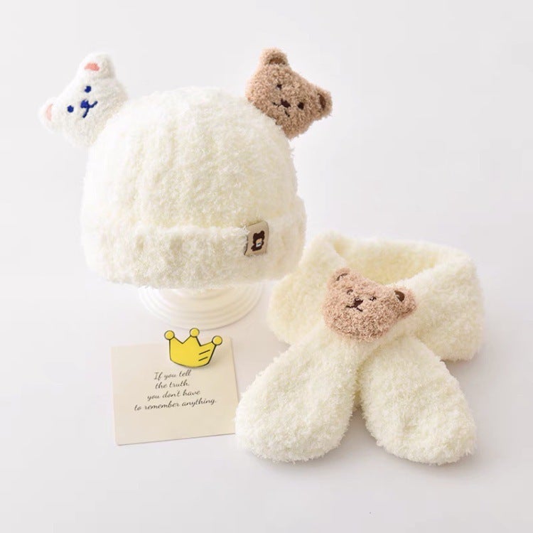Baby hat autumn and winter plush scarf two-piece set baby boys and girls bear cute warm thickened baby hat Yellow  - Image 4
