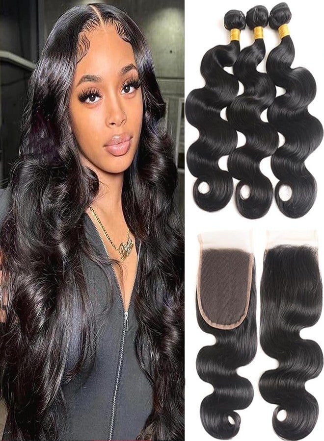 Generous Bundles with Closure Human Hair Body Wave 12 14 16+10 Inch 100% Unprocessed Brazilian Virgin Hair Extensions 3 Bundles with 4x4 Free Part Lace Closure Natural Black - Image 1