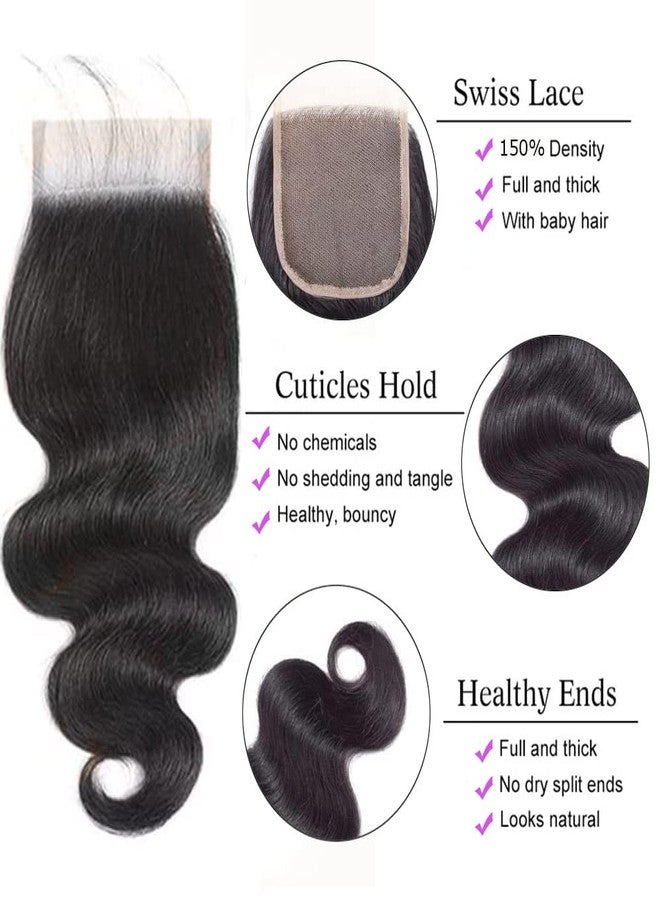 Generous Bundles with Closure Human Hair Body Wave 12 14 16+10 Inch 100% Unprocessed Brazilian Virgin Hair Extensions 3 Bundles with 4x4 Free Part Lace Closure Natural Black - Image 4