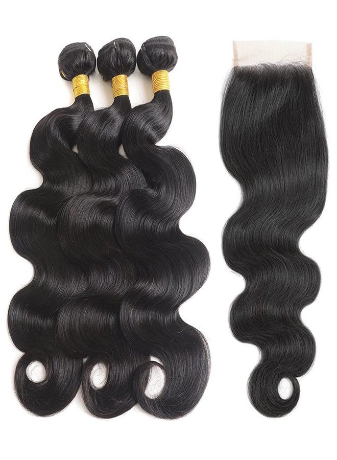 Generous Bundles with Closure Human Hair Body Wave 12 14 16+10 Inch 100% Unprocessed Brazilian Virgin Hair Extensions 3 Bundles with 4x4 Free Part Lace Closure Natural Black - Image 2
