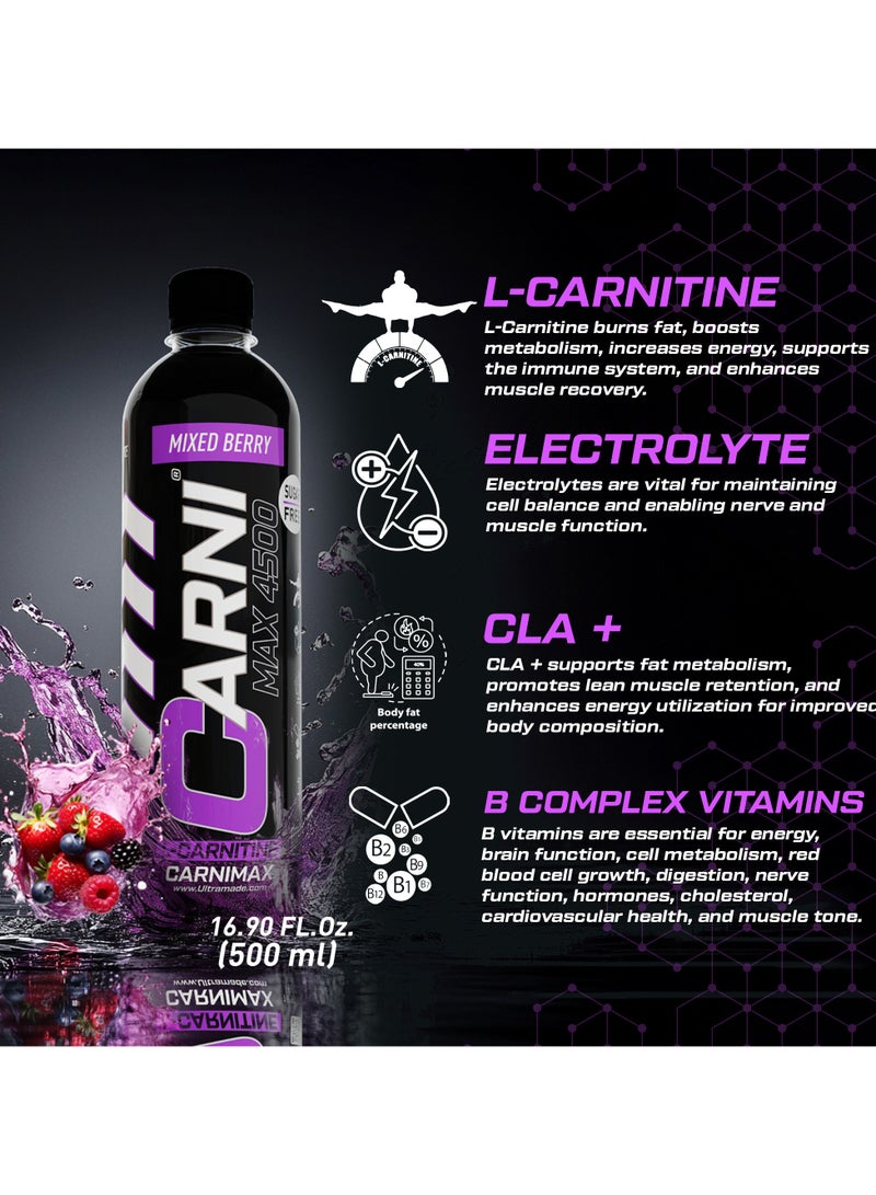 C5 CARNIMAX 4500 L-CARNITINE  Mixed Berry - Maximum Weight Loss with Electrolytes, CLA, Chromium, B Complex Vitamins & Alpha GPC - Zero Sugar, 500ml Pack of 12 - Image 4