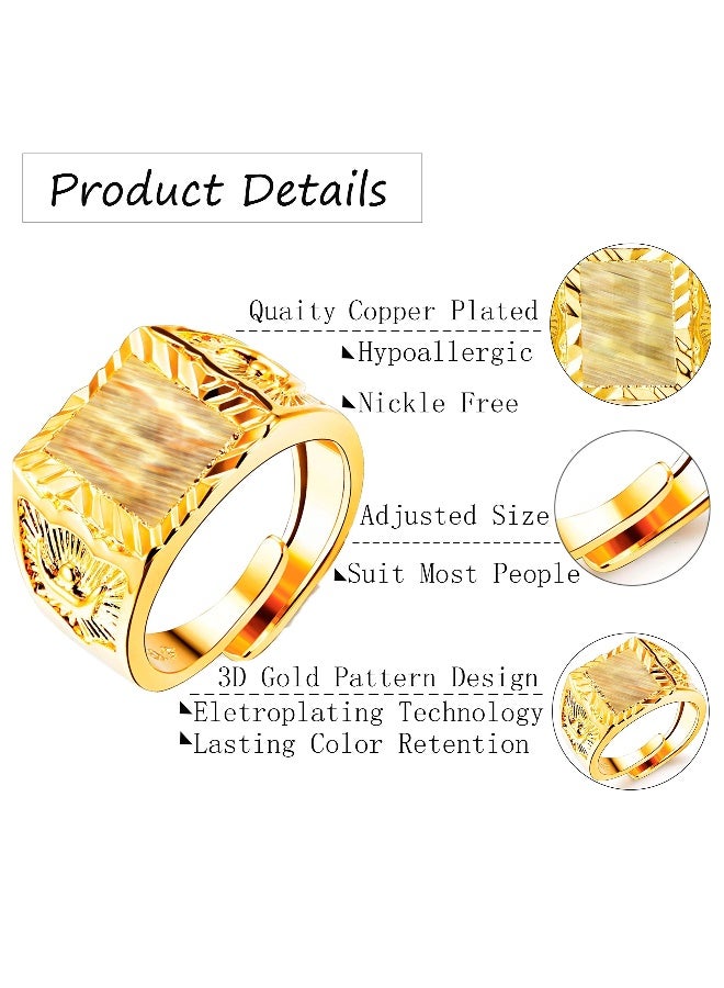 18K Real Gold Men's Gold Plated Ring Wedding Ring Kanji Ring Gold Bless All Rich Luck Wealth Ring Set Adjustable 4 Pcs Real Gold Plated Copper Brass Kanji Ring - Image 2