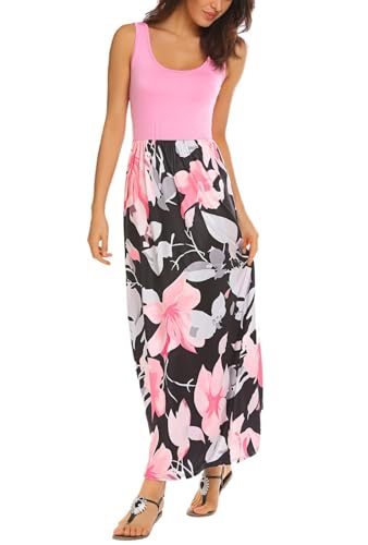 Bluetime Womens Summer Scoop Neck Sleeveless Tank Top Floral Print Maxi Dress (Pink, XL) - Image 2