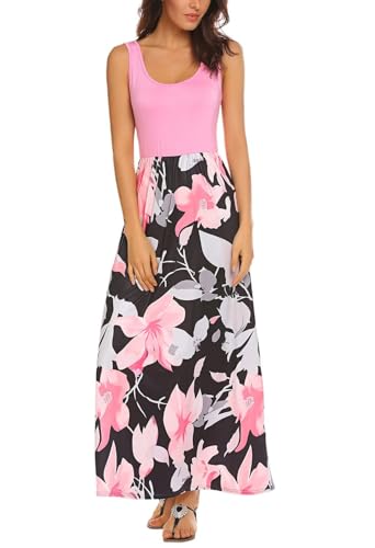 Bluetime Womens Summer Scoop Neck Sleeveless Tank Top Floral Print Maxi Dress (Pink, XL) - Image 3