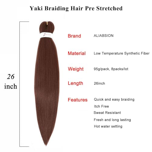 ALIABSION Pre-Stretched Braiding Hair 26 Inch 8 Packs Brown Braiding Hair Pre Stretched for Twist or Box Braids Hot Water Setting Soft Yaki Synthetic Knotless Braid Hair Extension (Color 30#) - Image 3
