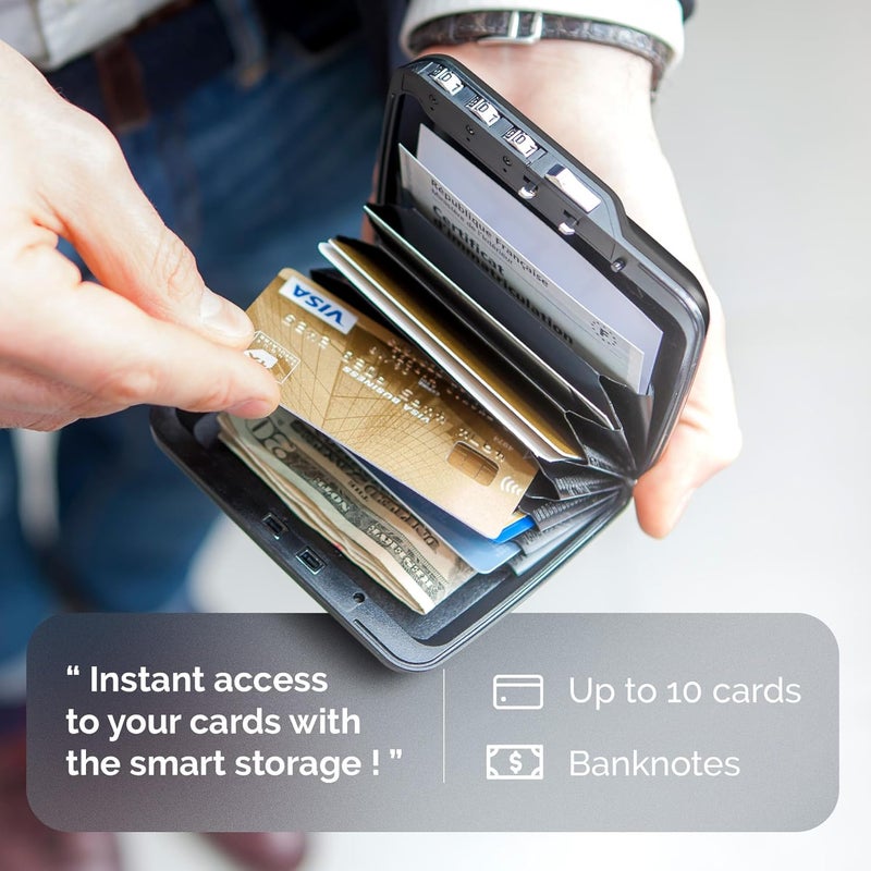 Aluminium code wallet, lockable with a 3 digit code, RFID protection against fraud and demagnetization, secured card holder (Black) - Image 3